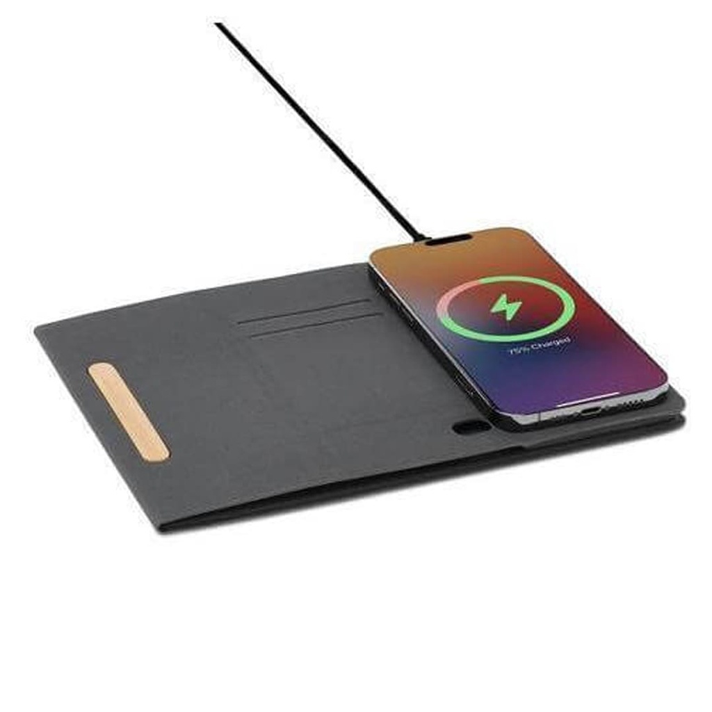 BLACE - @memorii Recycled PU Mouse Pad with Wireless Charger & Mobile Stand - Black