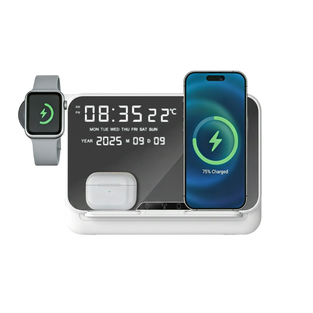 FAROS @memorii 5 in 1 Wireless Fast Charging Station with Display Clock - White