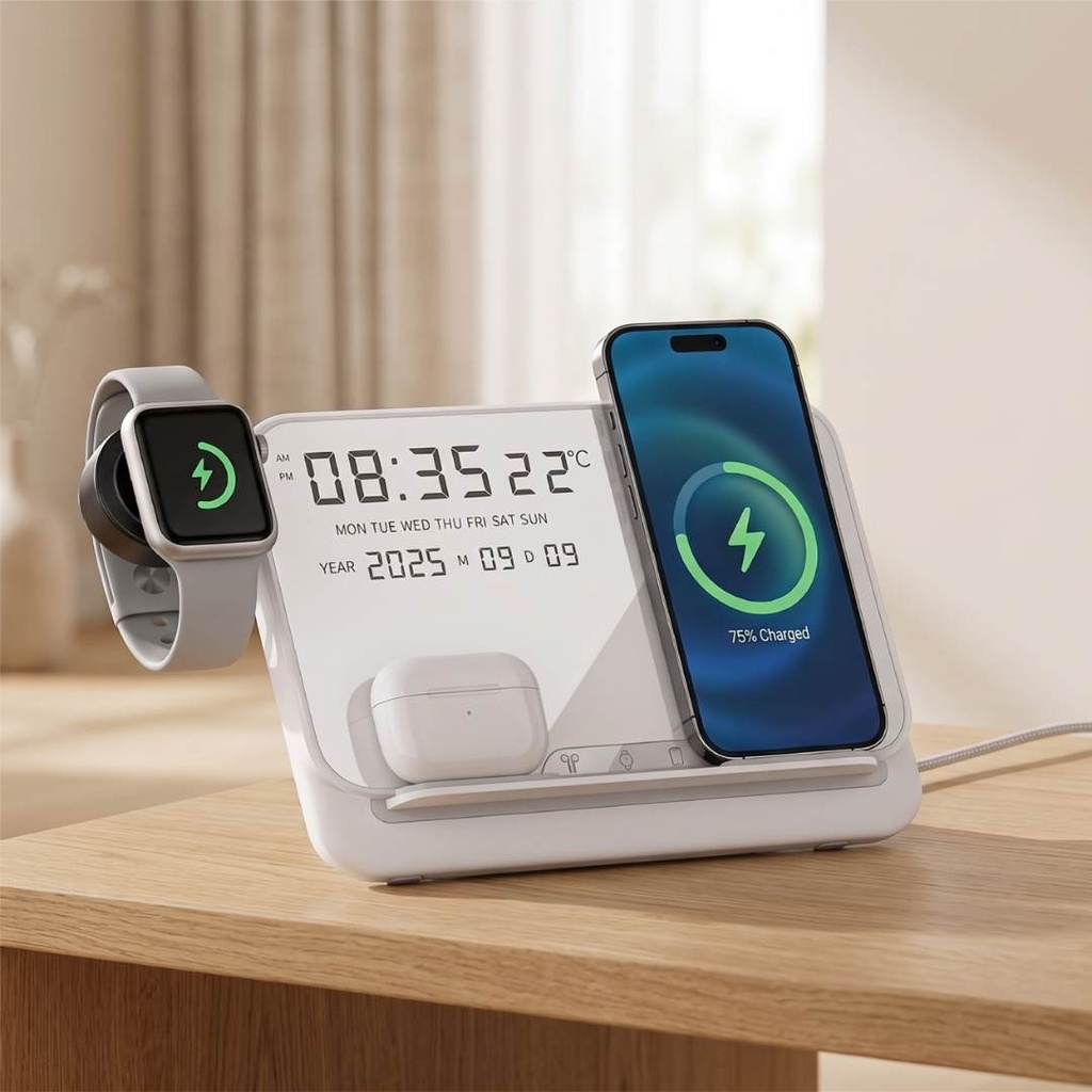 FAROS @memorii 5 in 1 Wireless Fast Charging Station with Display Clock - White