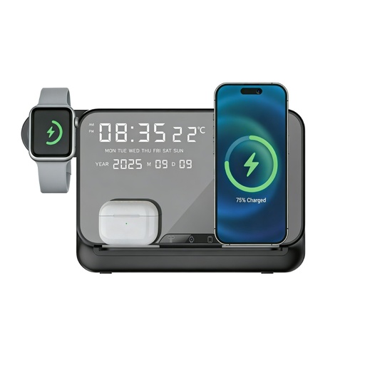 FAROS @memorii 5 in 1 Wireless Fast Charging Station with Display Clock - Black