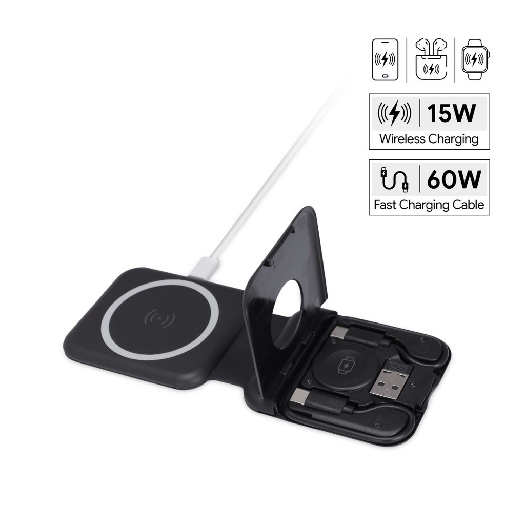 TURIN - @memorii Foldable 2-in-1 Wireless Charger and Multicable Set - Black