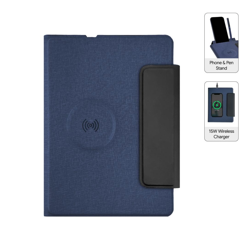 MagFolio - Santhome A5 PU Portfolio with 15W MagSafe Wireless Charger - Navy Blue 