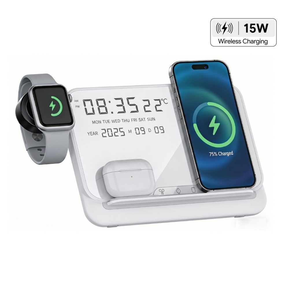 FAROS - @memorii 5 in 1 Wireless Fast Charging Station with Display Clock - White