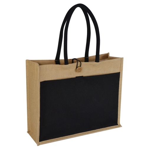 [JTEN 433] MONCLOVA - Jute Bag with Canvas Pocket - Black