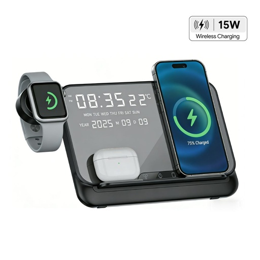 [ITWC 1280] FAROS - @memorii 5 in 1 Wireless Fast Charging Station with Display Clock - Black